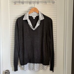 Croft & Barrow Dark Gray V-Neck Sweater with Polka Dot Shirt “the layered look”